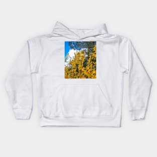 golden flowers in spring nature with blue sky and white clouds Kids Hoodie